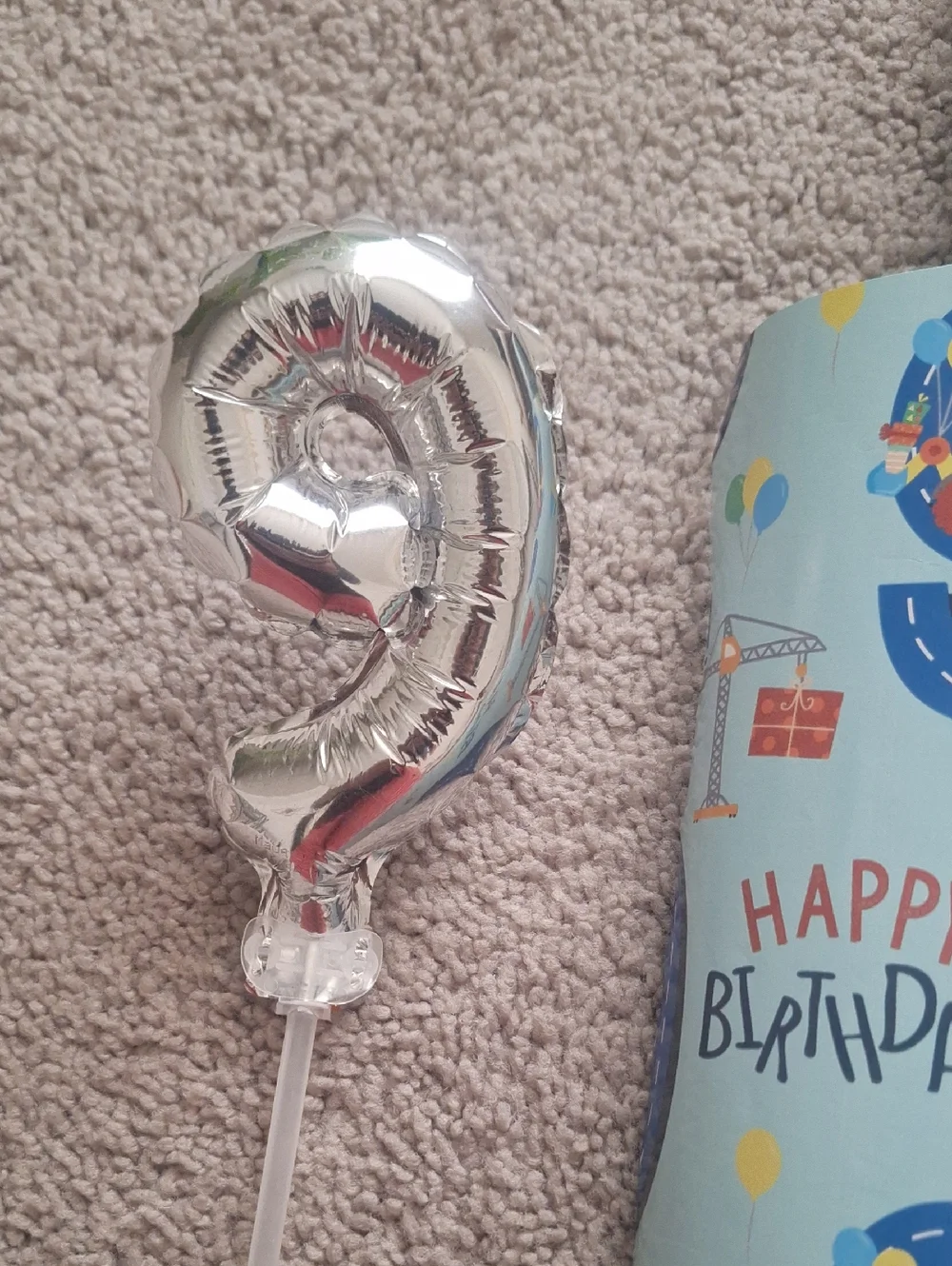 Happy Birthday Number 9 Blue Party Wrapping Paper with Silver 9 Balloon